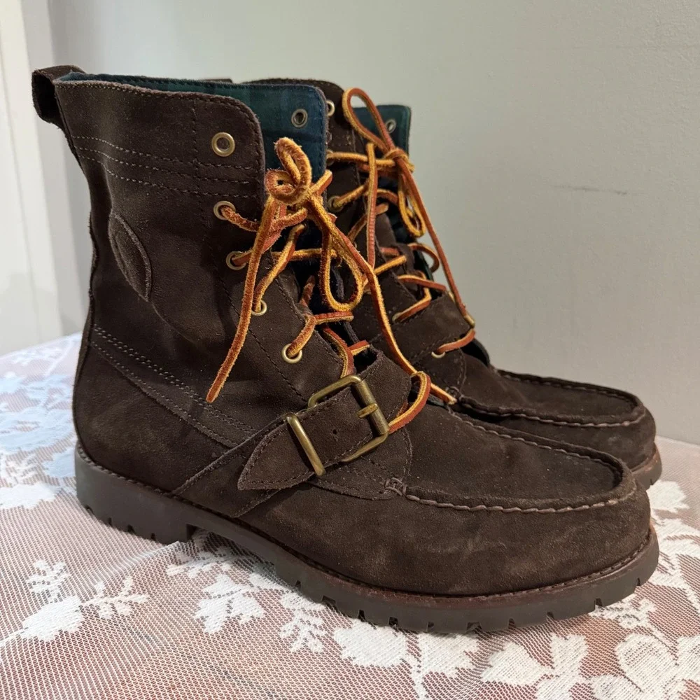 Polo Ralph Lauren Ranger Suede Boots 9.5 Brown Plaid Tartan Collar Classic Fall